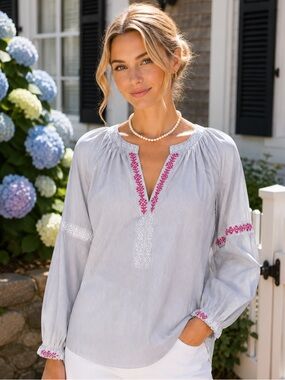 RUNGOLEE Blue, Pink, and White Relaxed Fit Embroidered Coastal Tunic, L